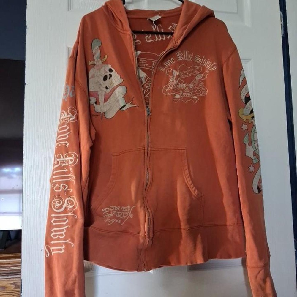 Men's Orange 2XL Full Zip Hoodie w/ Pockets Hooded Skull Graphic Print
